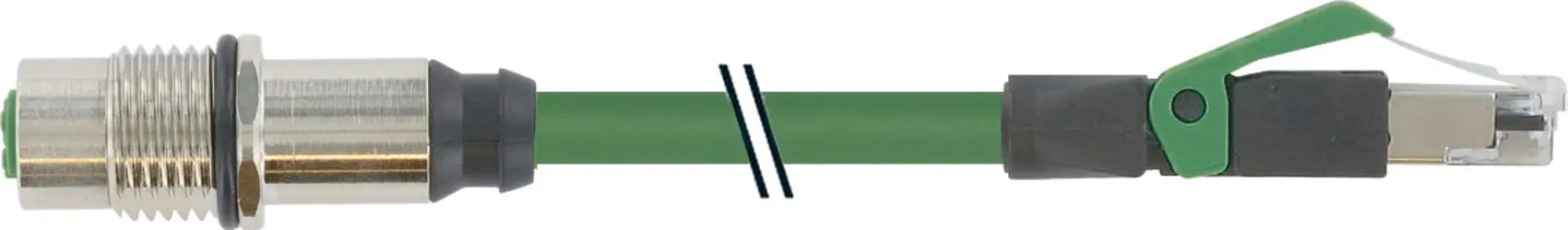 Produktfoto 1 von M12 Flanschbuchse D-cod. HWM/RJ45 St. 0° PUR 2x2xAWG22 gesch.gn UL/CSA 1m