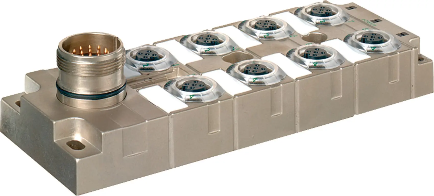 Produktfoto 1 von MVP-Metall, 8xM12, 5pol, Steck. M23 19pol. Steckerabgang frontseitig