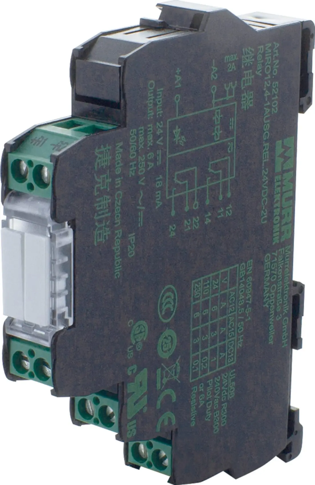 Produktfoto 1 von MIRO 12,4 24VDC-2U Ausgangsrelais IN: 24 VDC - OUT: 250 VAC/DC / 6 A 2 Wechsler