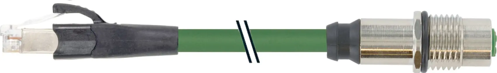 Produktfoto 1 von M12 Flanschbuchse X-cod. / RJ45 St. 0° Gigabit PUR 4x2xAWG26 gesch. gn UL/CSA