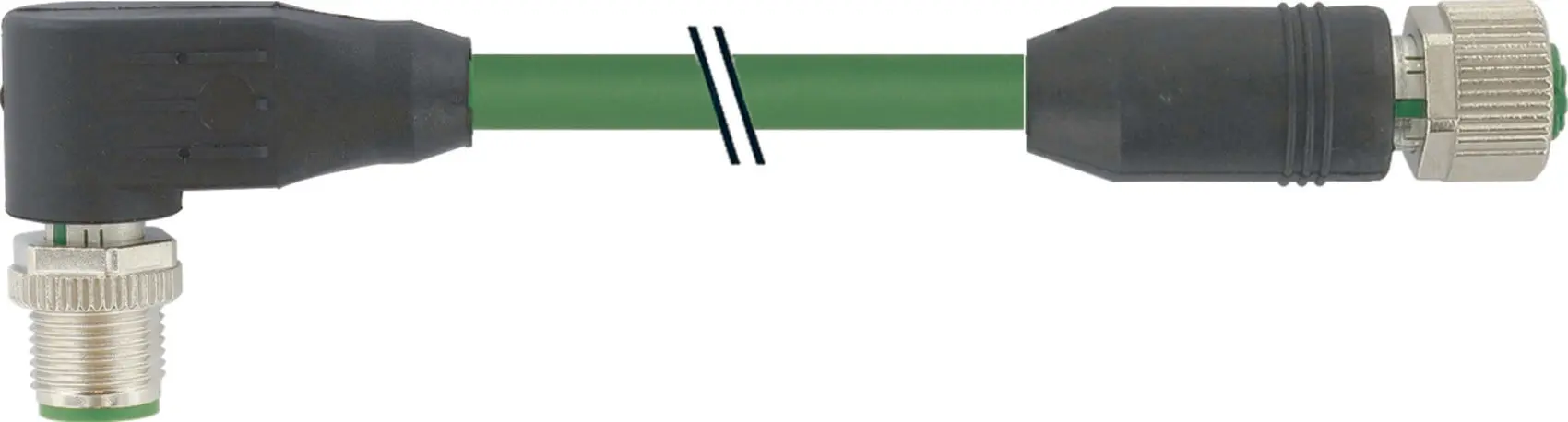Produktfoto 1 von M12 St. 90° / M12 Bu. 0° gesch. Ethernet PUR 2x2xAWG22 gesch. gn