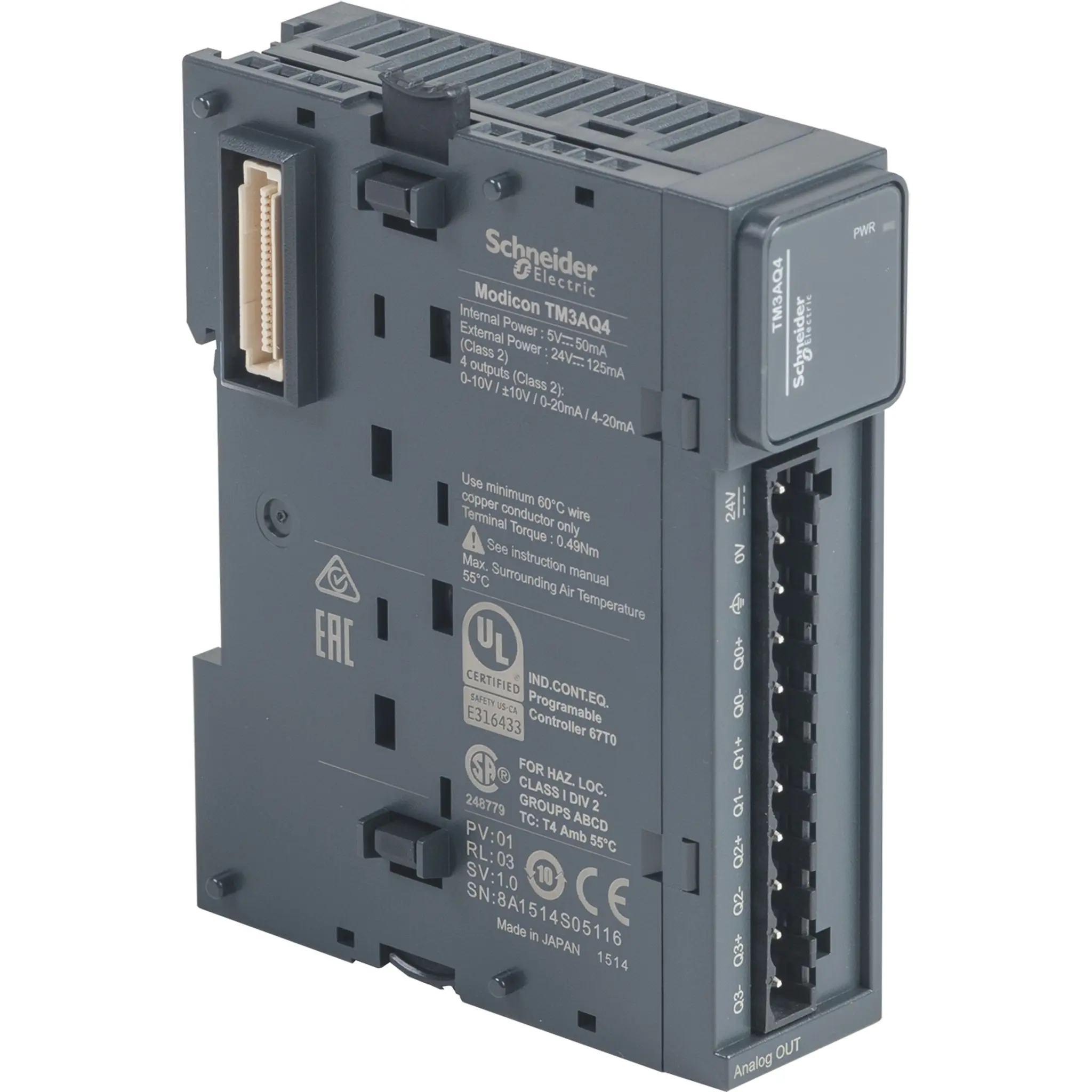 Produktfoto 1 von E/A-Erweiterung TM3 EA-Modul 4 analog Aus. Spannung/Strom 12BIT Schraubanschl.
