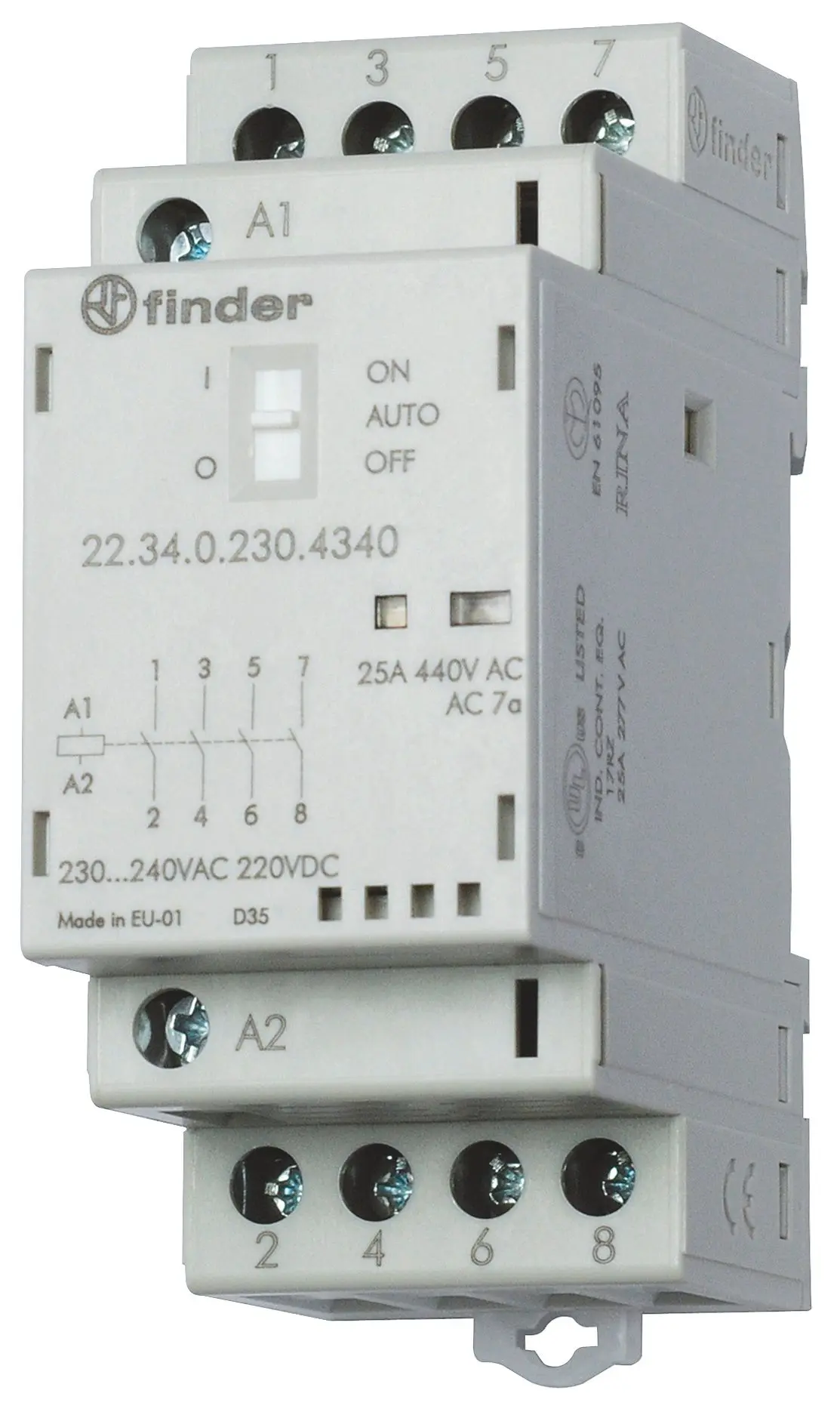 Produktfoto 1 von Schütz für Reiheneinbau 4S 25A Spule 24VAC/DC AgSnO2 Off/On Schalter