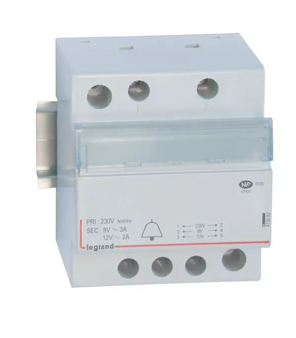 Produktfoto 1 von Klingeltransformator, Prim.230V AC, Sek.12/8V AC, Strom 2/3A, 24VA, 4TE