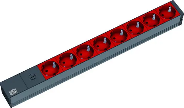 Produktfoto 1 von 19" 1HE 8xSchuko rot 1xFUSE 10A Strom 2m IEC