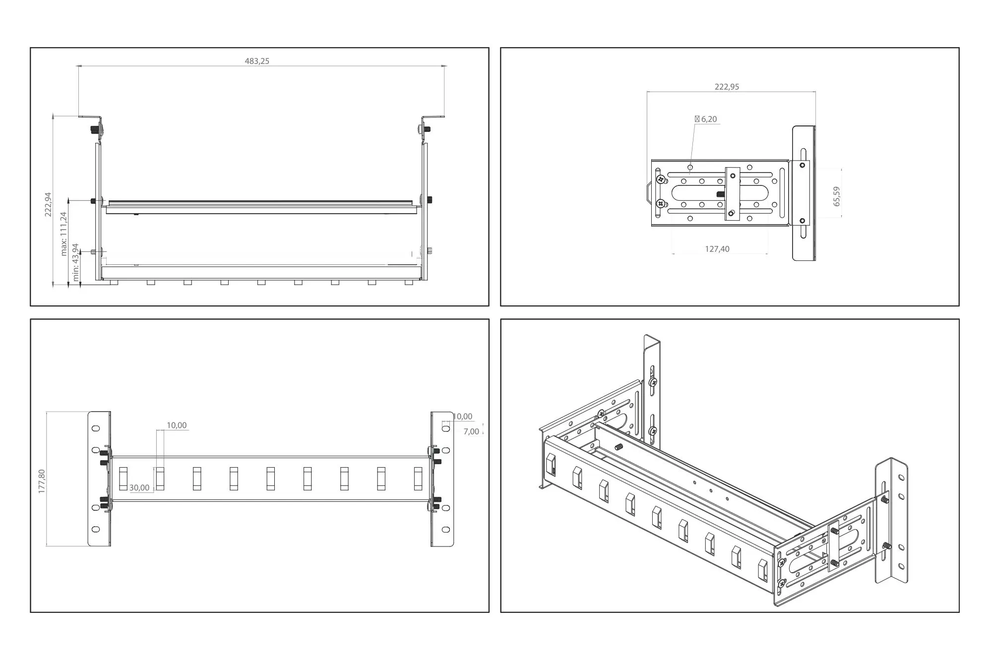 Produktfoto 1 von 483mm (19“)-Hutschienenträger 4HE