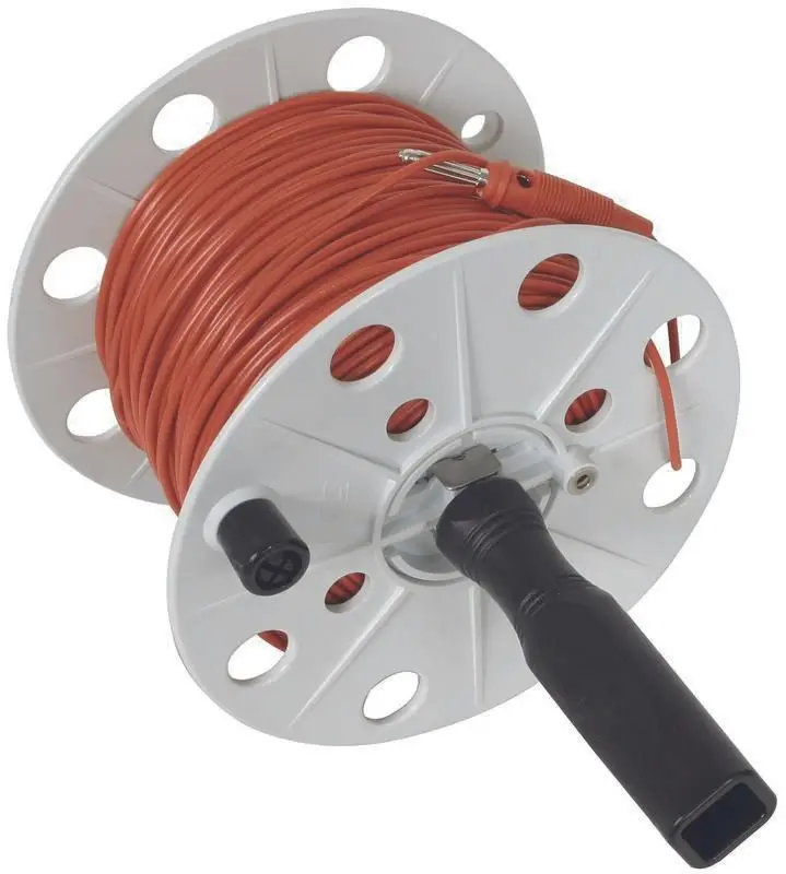Produktfoto 1 von Drahthaspel K-grau B 80mm m. Buchse u. 100m Litze 0,75qmm rot m. Bananenstecker