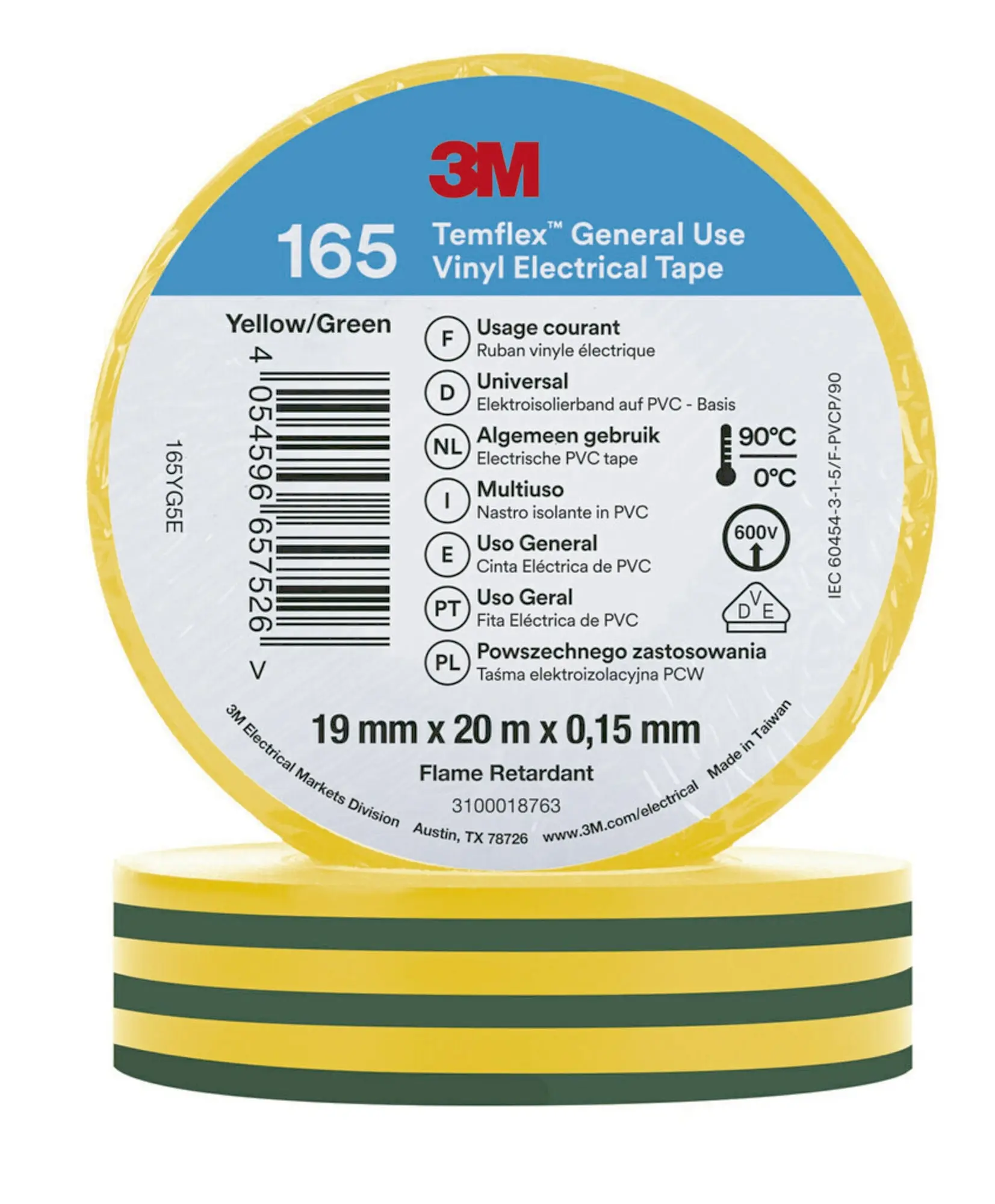 Produktfoto 1 von 3M Temflex Vinyl-Isolierband 165, Grün/Gelb, 19mmx20m
