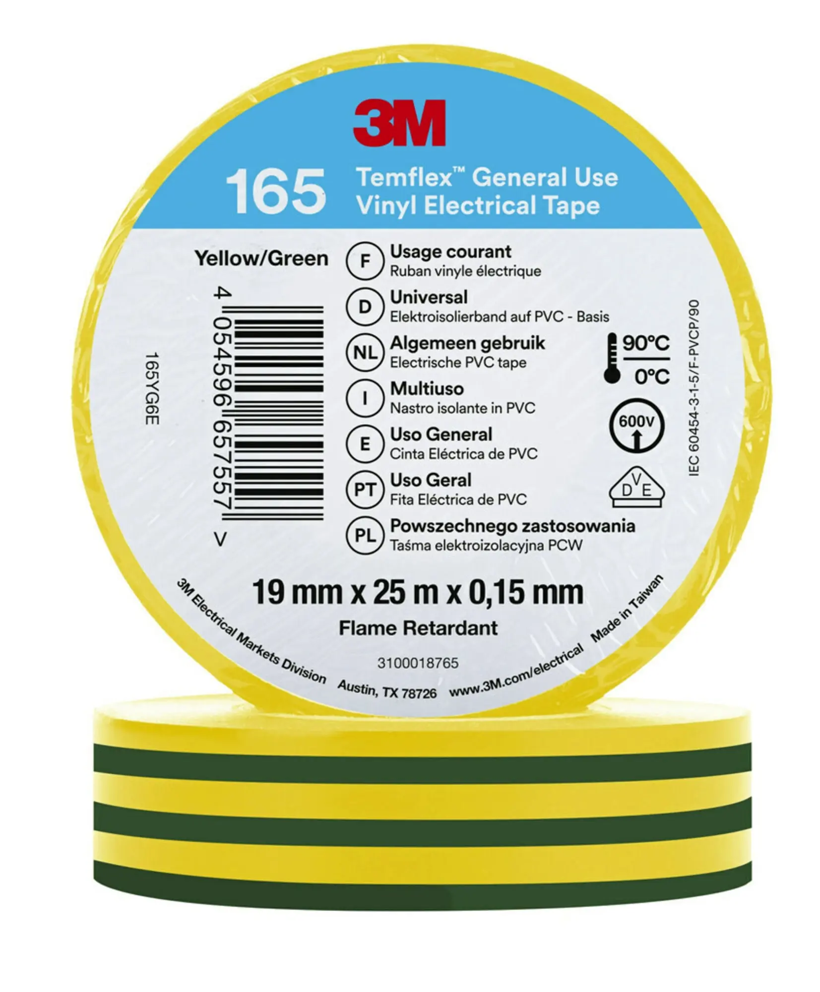Produktfoto 1 von 3M Temflex Vinyl-Isolierband 165, Grün/Gelb, 19mmx25m