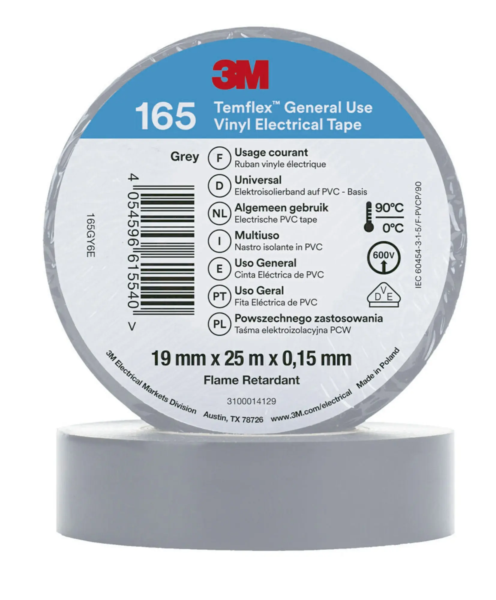 Produktfoto 1 von 3M Temflex Vinyl-Isolierband 165, Grau, 19mmx25m