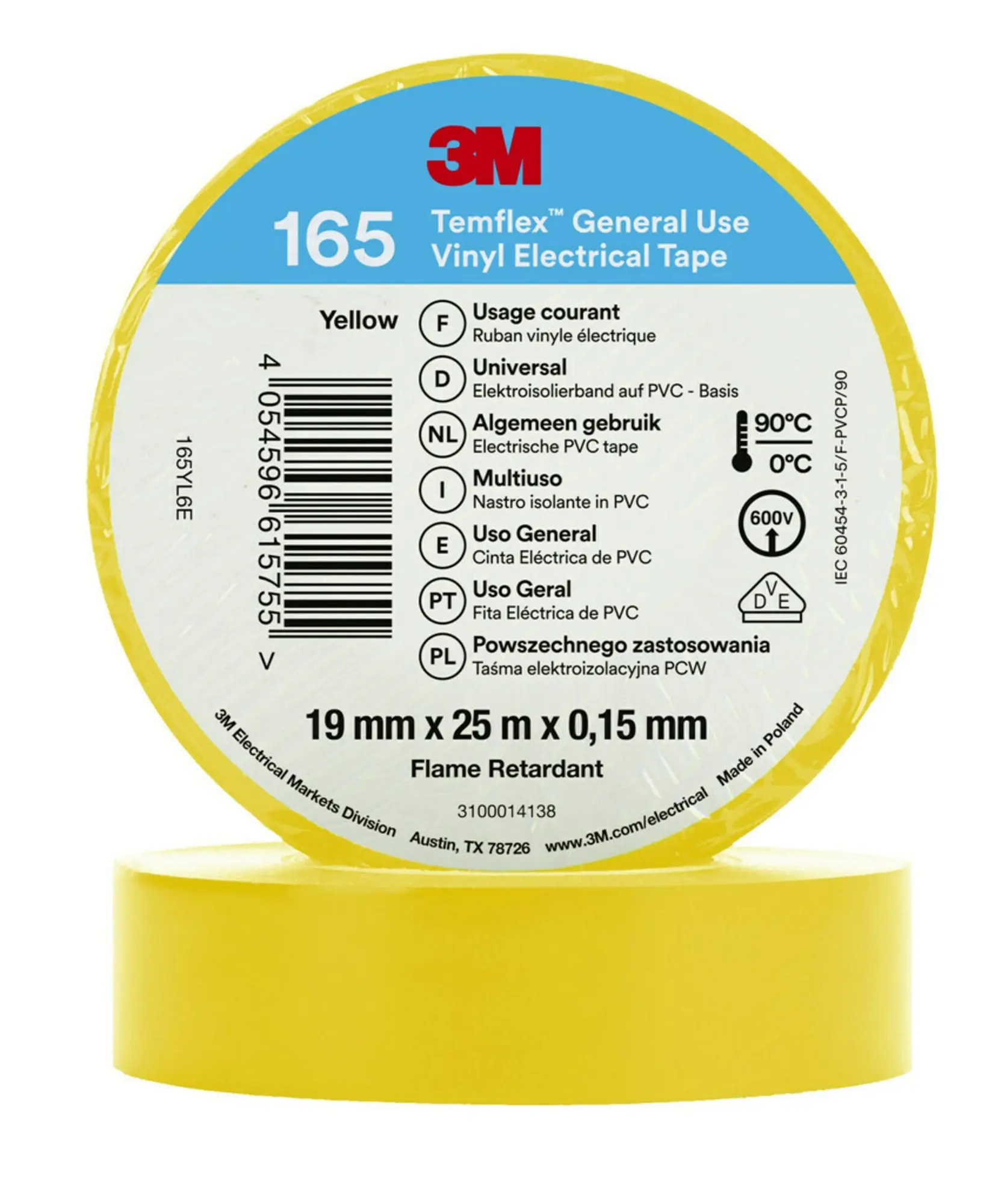 Produktfoto 1 von 3M Temflex Vinyl-Isolierband 165, Gelb, 19mmx25m