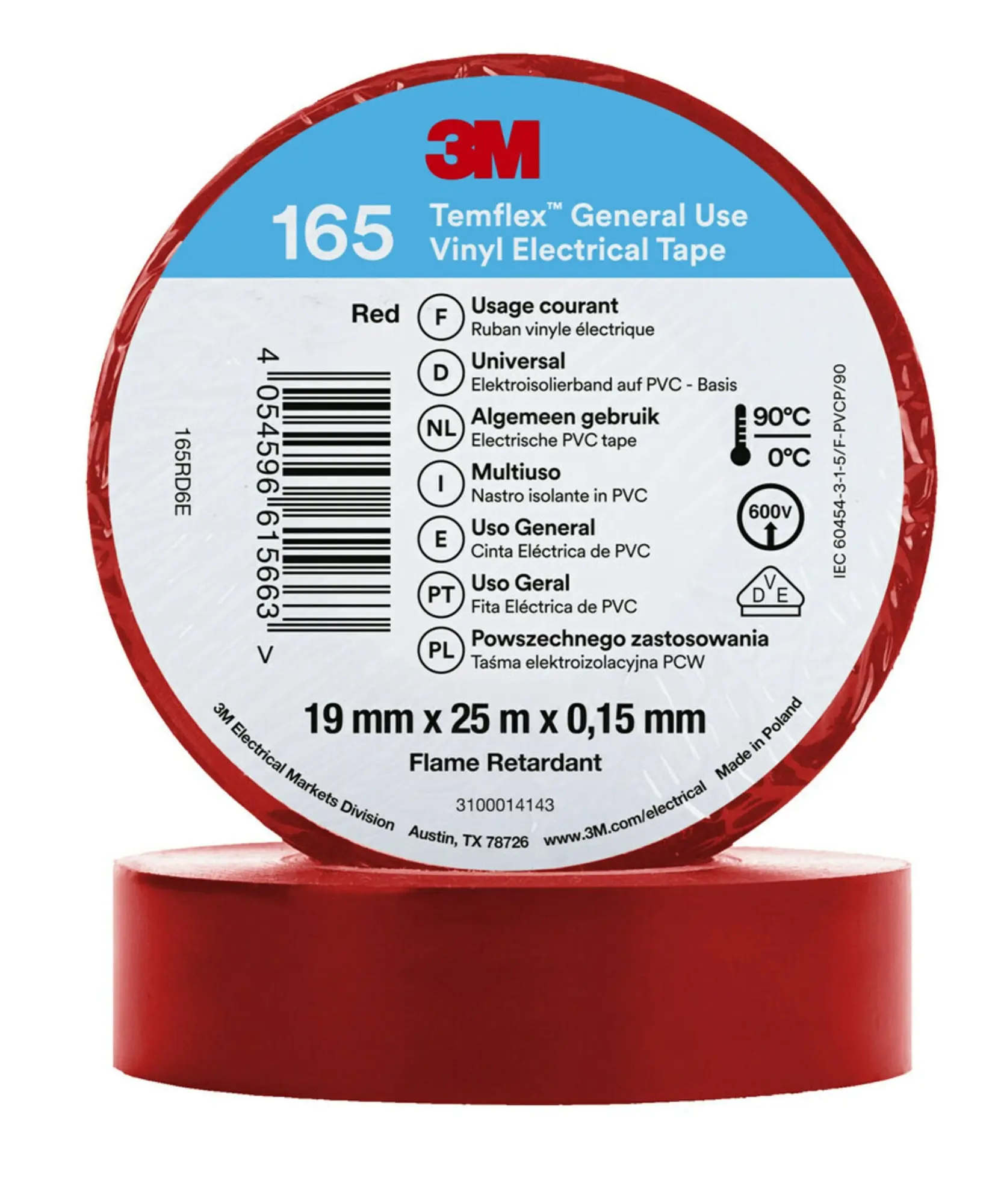 Produktfoto 1 von 3M Temflex Vinyl-Isolierband 165, Rot, 19mmx25m