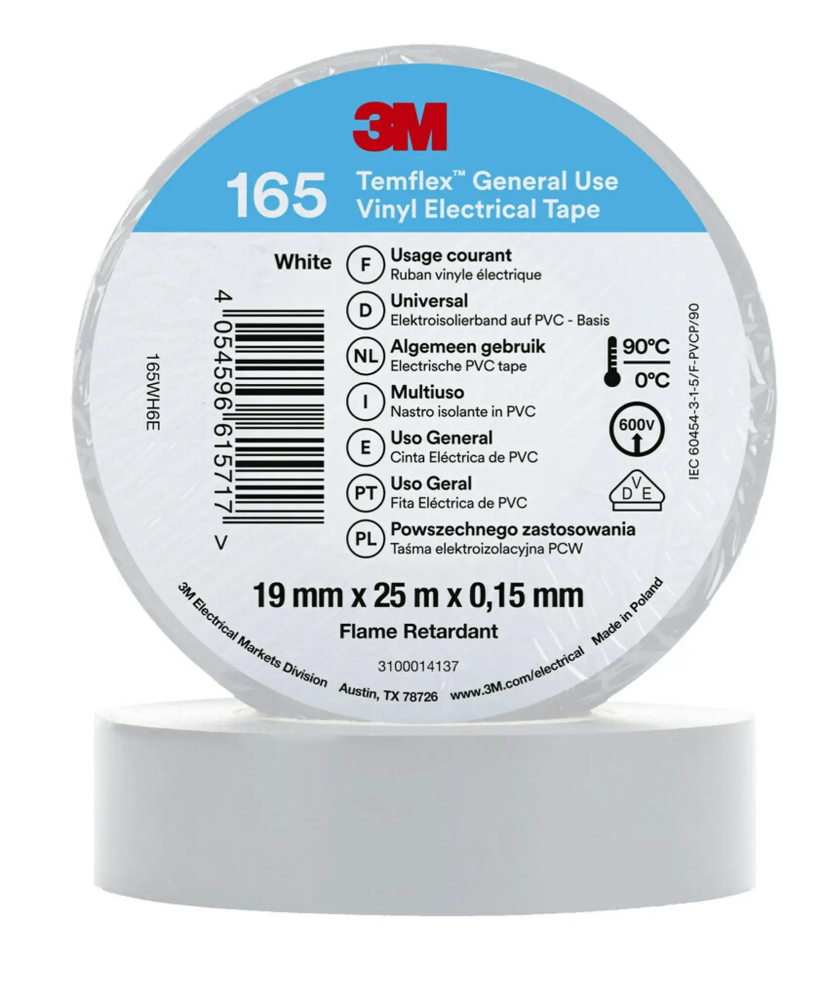 Produktfoto 1 von 3M Temflex Vinyl-Isolierband 165, Weiß, 19mmx25m