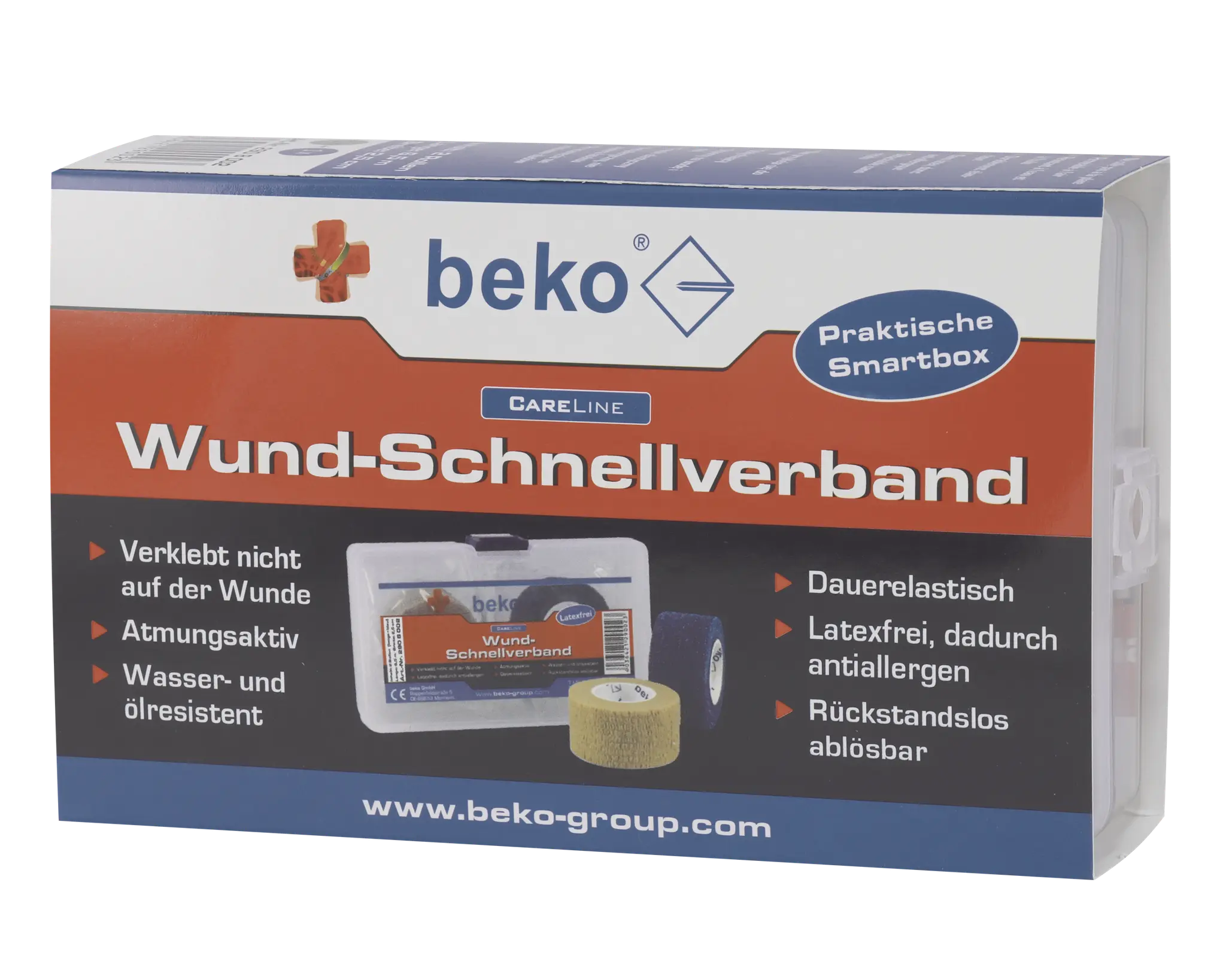 Produktfoto 1 von CareLine Wund-Schnellverband Box Inhalt: 2 Rollen a´ 4,50m beige/blau
