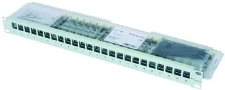 Produktfoto 1 von 19 Modulträger 1 HE grau RAL 7035 inkl. 24x AMJ-S Modul Cat.6A T568A und KAF