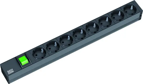 Produktfoto 1 von 19" 1HE 8xSchuko schwarz 1xSchalter Strom 2m Schuko