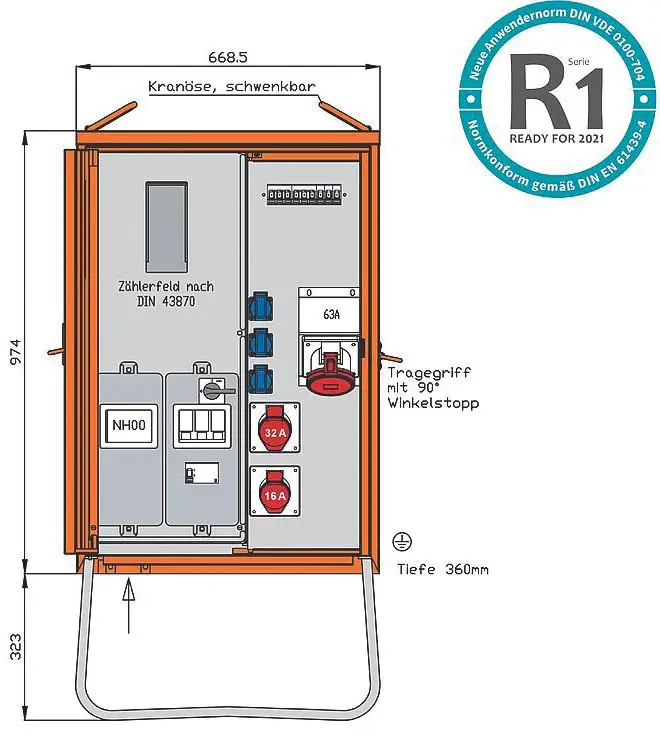 Produktfoto 1 von Anschl.vert.schrank 44kVA Zählerpl. RCD Typ B 5 LS 3 CEE-Abg. 16-63A u.3 Schukos