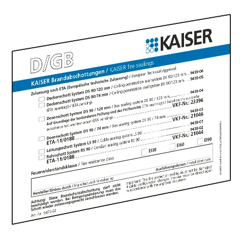 Produktfoto 1 von Brandschutz, Schott-Kennzeichnungsschild für alle KAISER-Schottungen, weiß