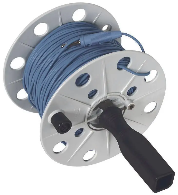 Produktfoto 1 von Drahthaspel K-grau B 80mm m. Buchse u. 100m Litze0,75qmm blau m. Bananenstecker