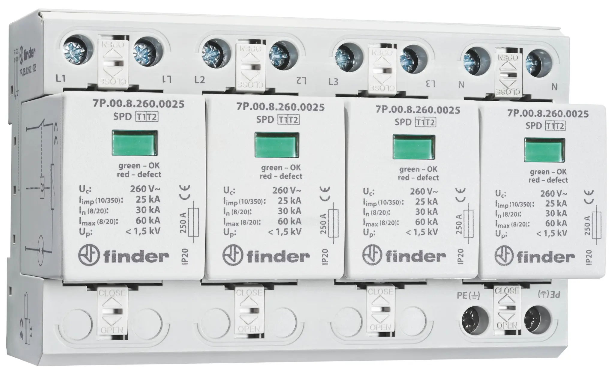 Produktfoto 1 von Überspannungsableiter Typ 1+2 Varistor u.Funkenstrecke für 3-Ph. TN-S-Netze