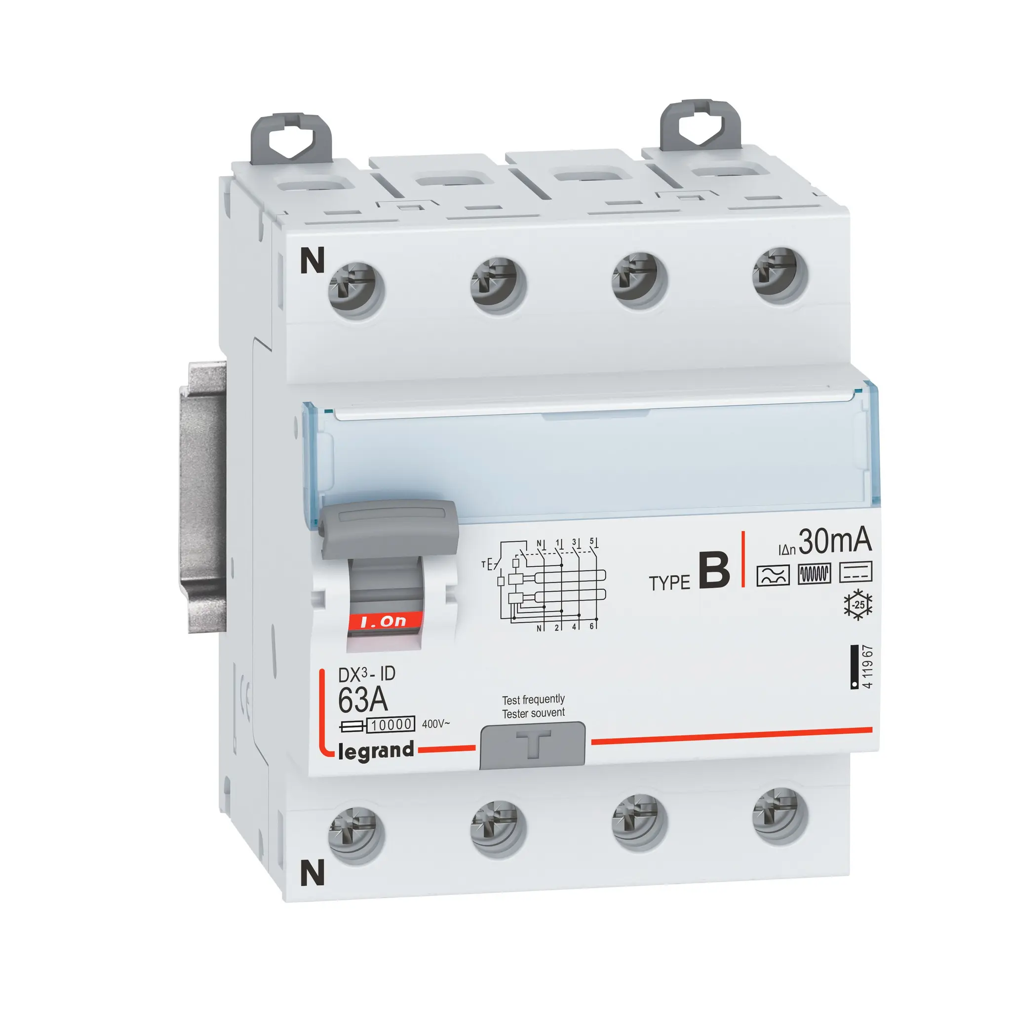 Produktfoto 1 von DX3 Fehlerstromschutzschalter 63A, 4-polig, 30mA, Typ B, 400VAC, N-links,