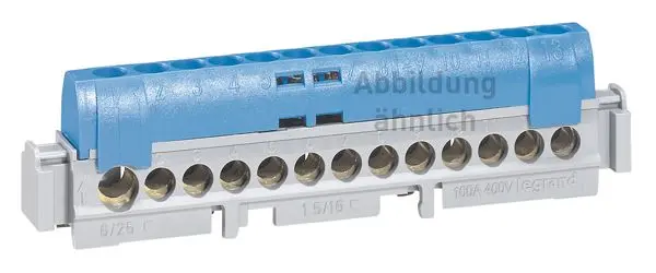 Produktfoto 1 von Klemmenleiste IP 20, blau, 1x6 bis 25mm², 16x1,5 bis 16mm², L:141mm