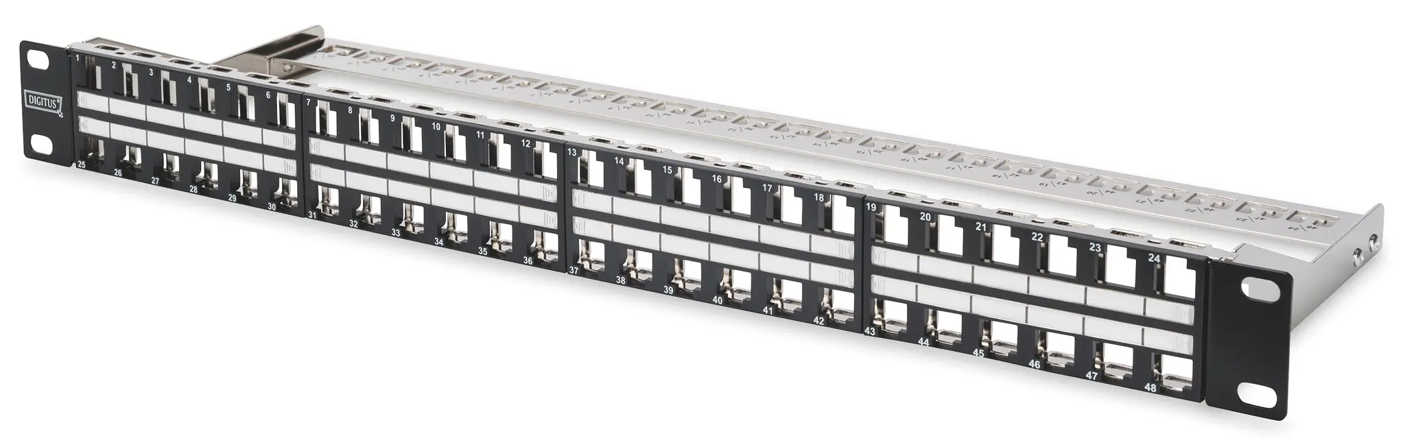 Produktfoto 1 von DIGITUS Modulares Patch Panel geschirmt 48-Port Beschriftungsfeld 1HE sw