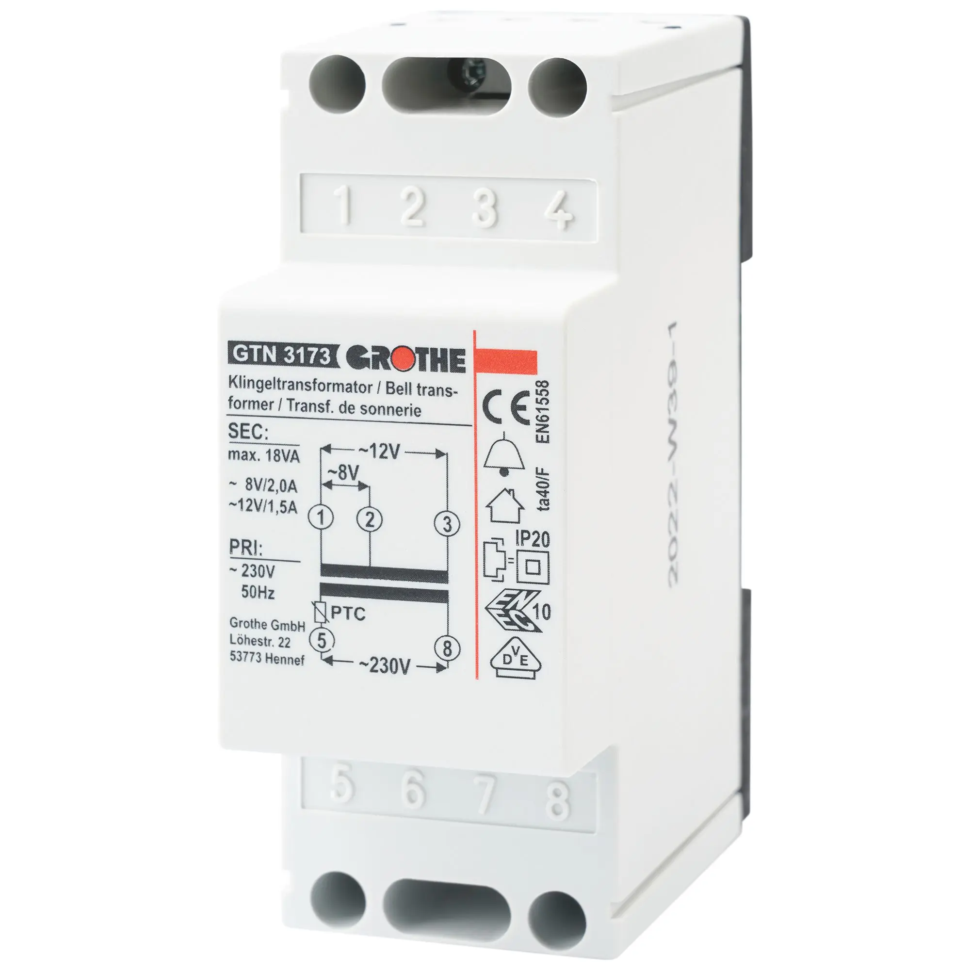 Produktfoto 1 von Klingeltransformator 8/12V AC (2,0/1,5A)