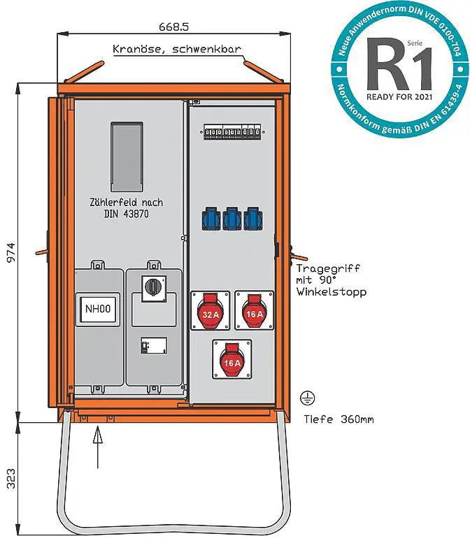 Produktfoto 1 von Anschl.vert.schrank 22kVA Zählerpl. RCD Typ B 5 LS 3 CEE-Abg. 16-32A u.3 Schukos