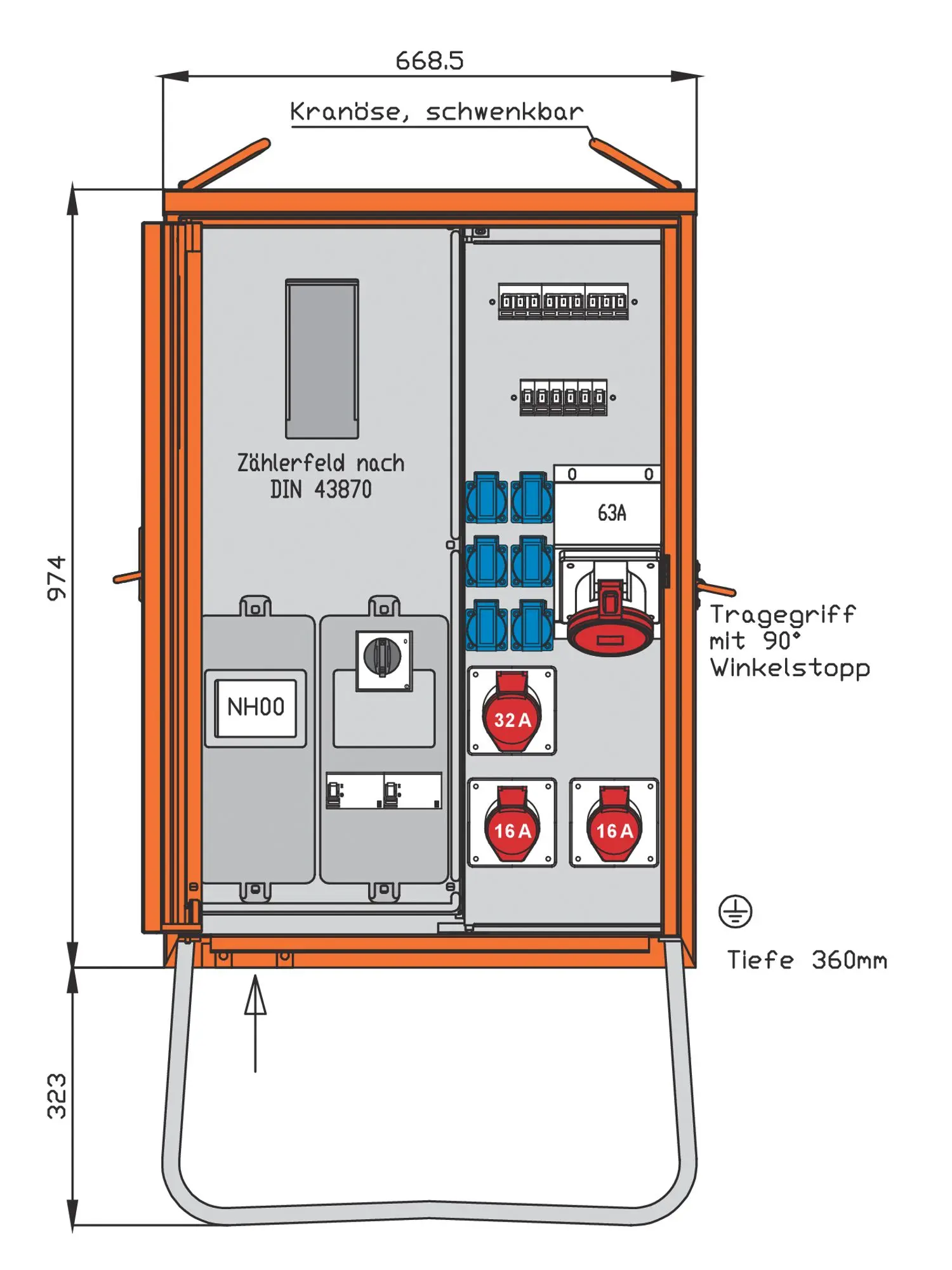 Produktfoto 1 von Anschl.vert.schrank 44kVA Zählerpl. 2 RCDs Typ B 9 LS 4 CEE-Abg. 16-63A u.6 Sc