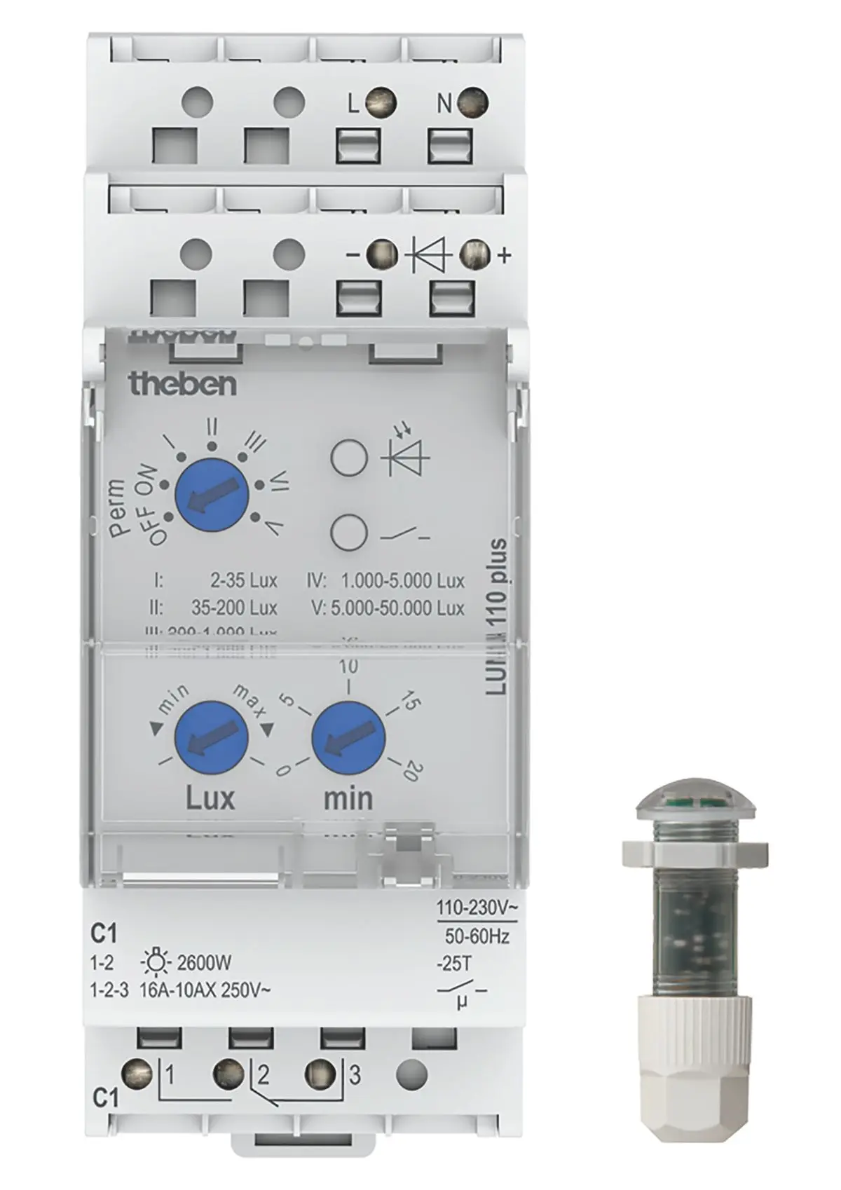 Produktfoto 1 von Dämmerungsschalter DIN-Schiene Einbau-Lichtsensor, 2 TE, einstellbar