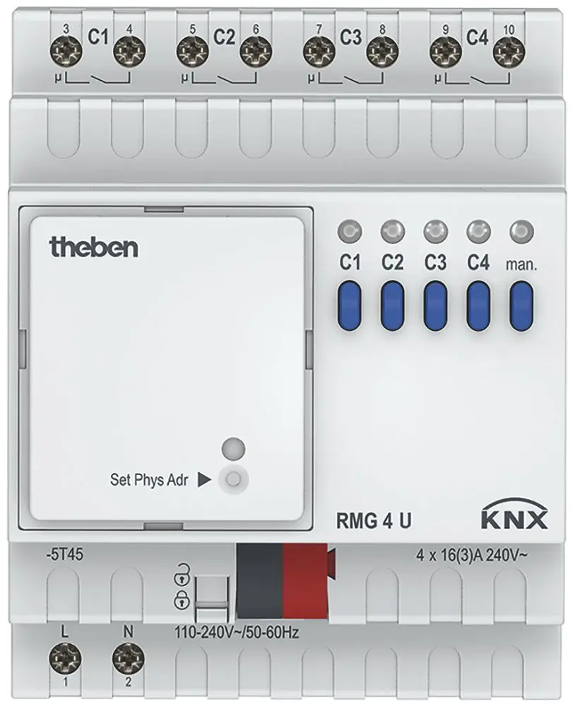 Produktfoto 1 von 4-fach KNX-Schaltaktor 16 A 140 µF, KNX TP, Data Secure, Grundgerät MIX2