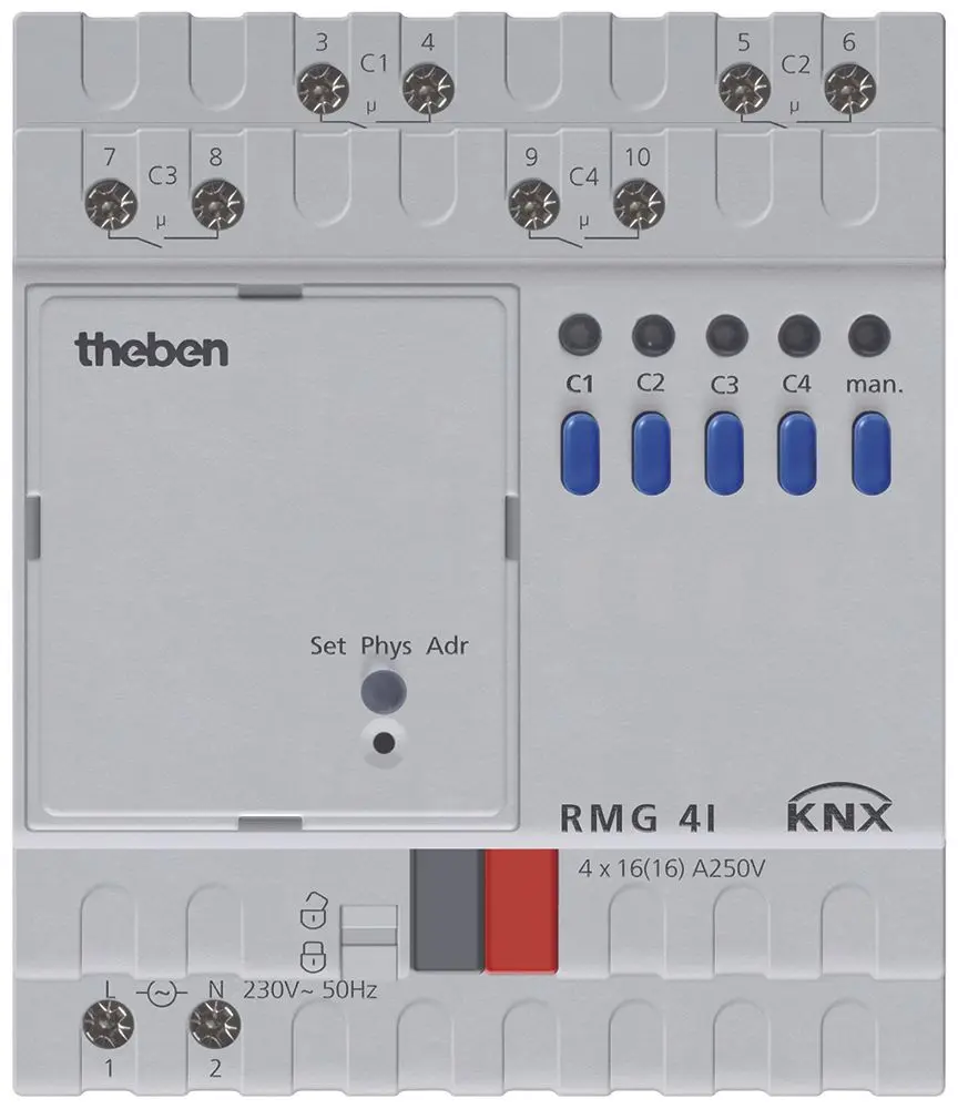 Produktfoto 1 von 4-fach Schaltaktor 16 A C-Last 200 µF, KNX TP, Data Secure, Grundgerät MIX2