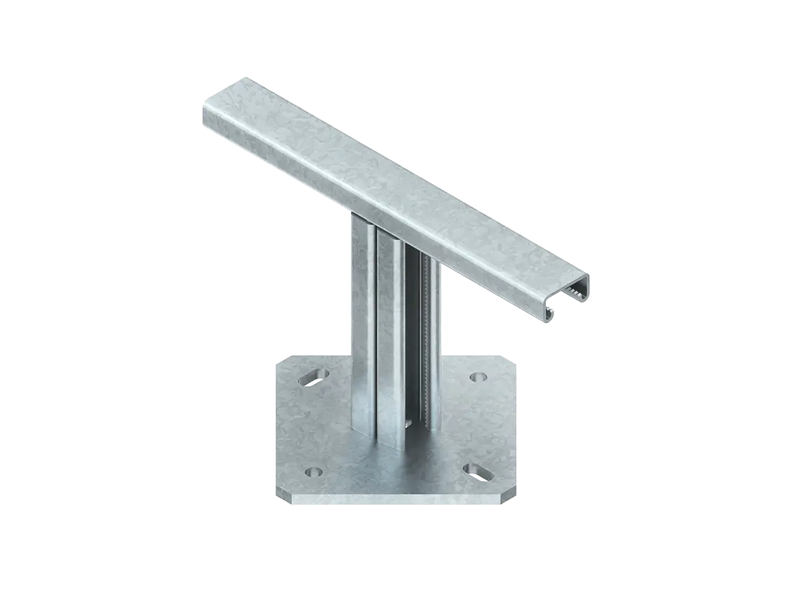 Produktfoto 1 von Bodenstütze, T-Konsole 190x100 mm, verzahnte C-Schiene, ungelocht, Stahl, g