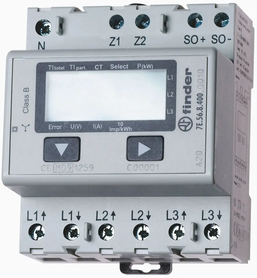 Produktfoto 1 von Zähler wandlerfähig 3-Phasen Drehstrom 6A LCD MF Disp. SO Schnittst. MID konf.