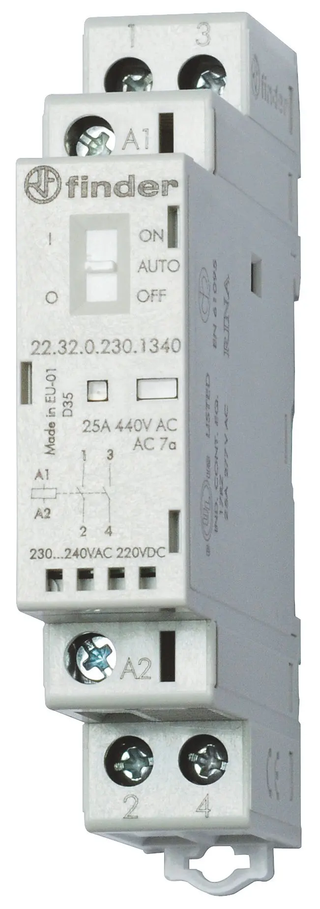 Produktfoto 1 von Schütz für Reiheneinbau 1Ö+1S 25A Spule 230VAC/DC Off/On Schalter AgSnO2