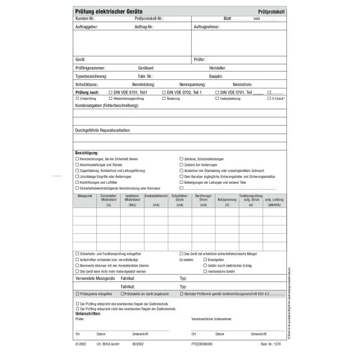 Produktfoto 1 von Beha-Amprobe Prüfprotokoll 0701/0702 50 Blatt