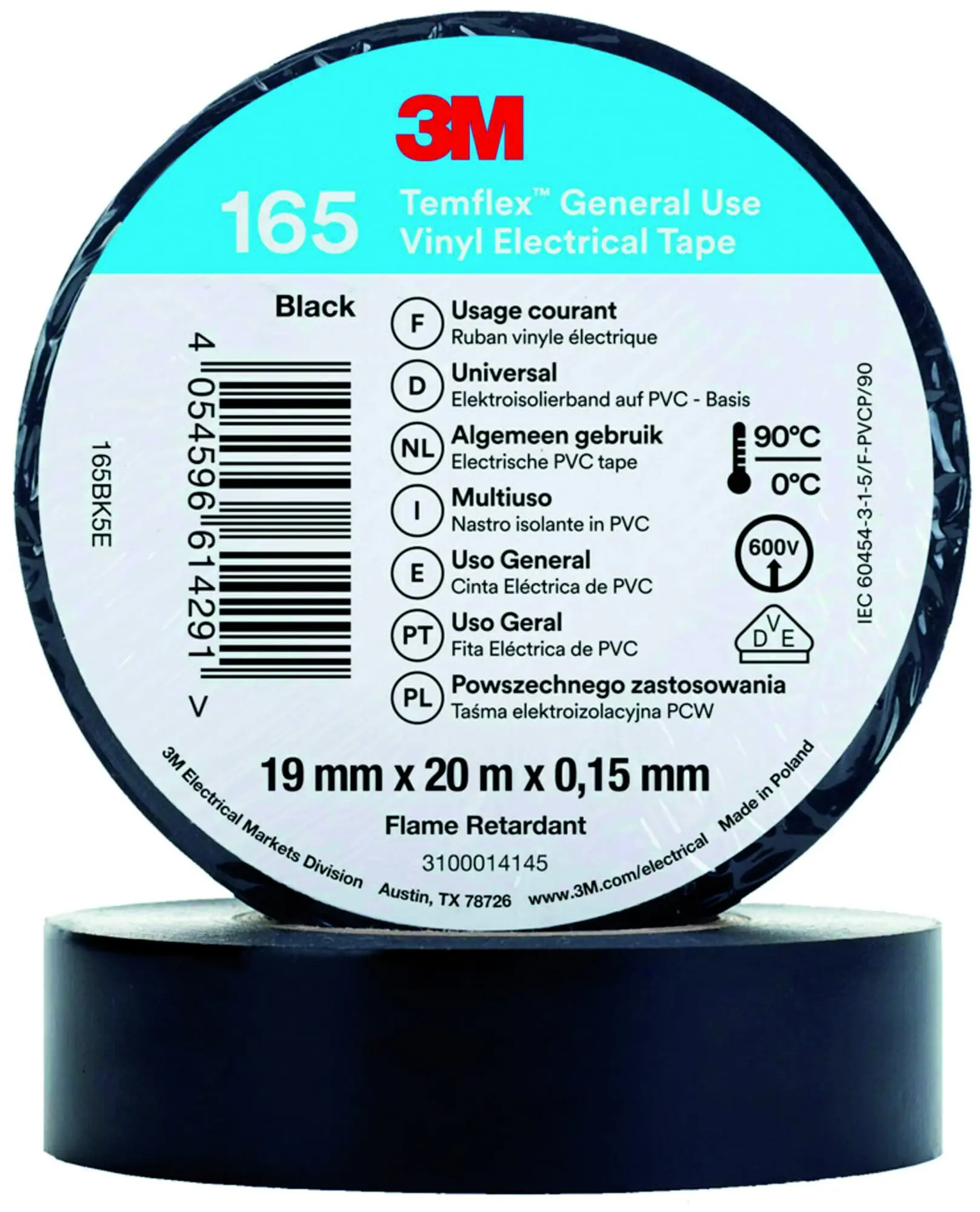 Produktfoto 1 von 3M Temflex Vinyl-Isolierband 165, Schwarz, 19mmx20m