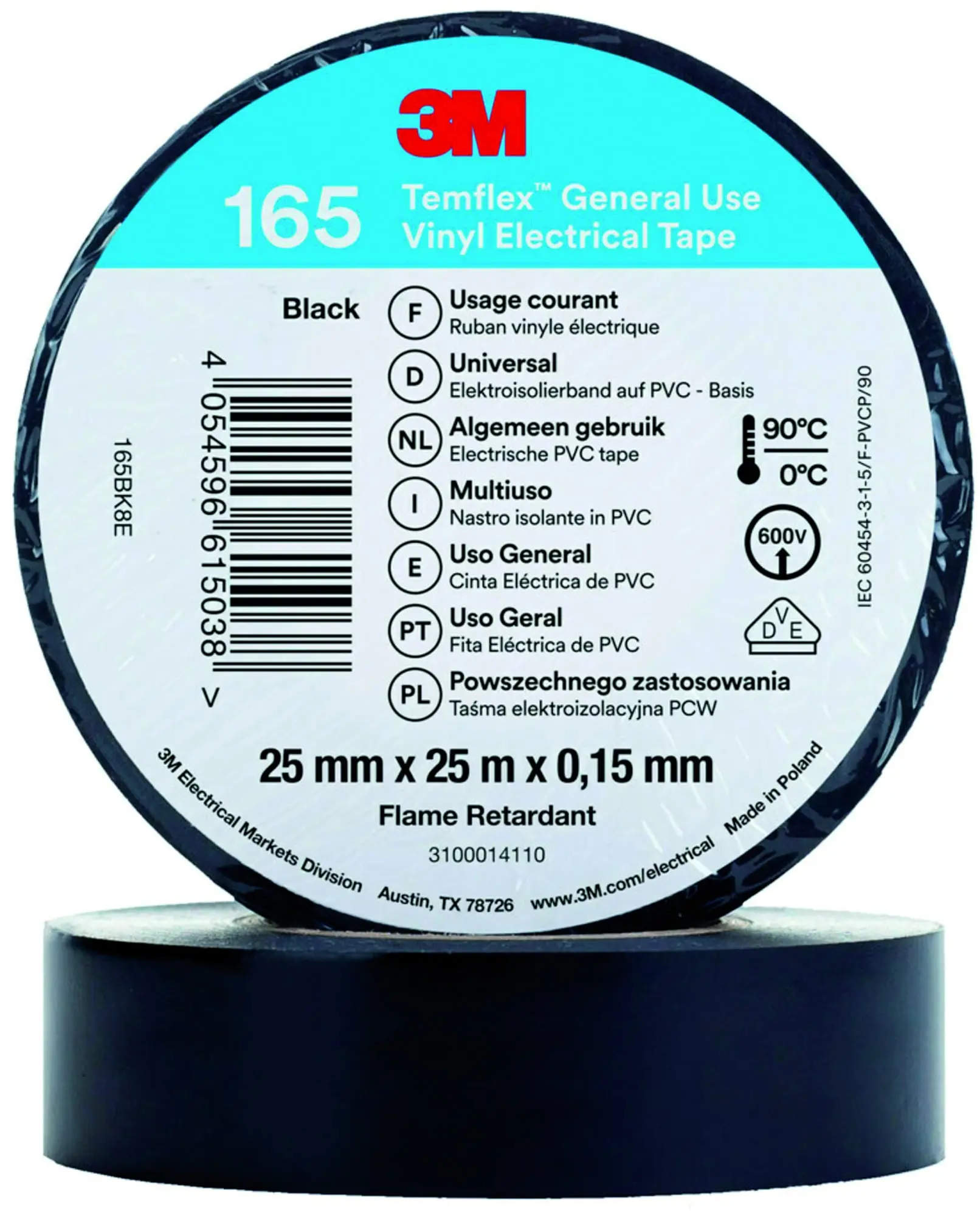 Produktfoto 1 von 3M Temflex Vinyl-Isolierband 165, Schwarz, 25mmx25m