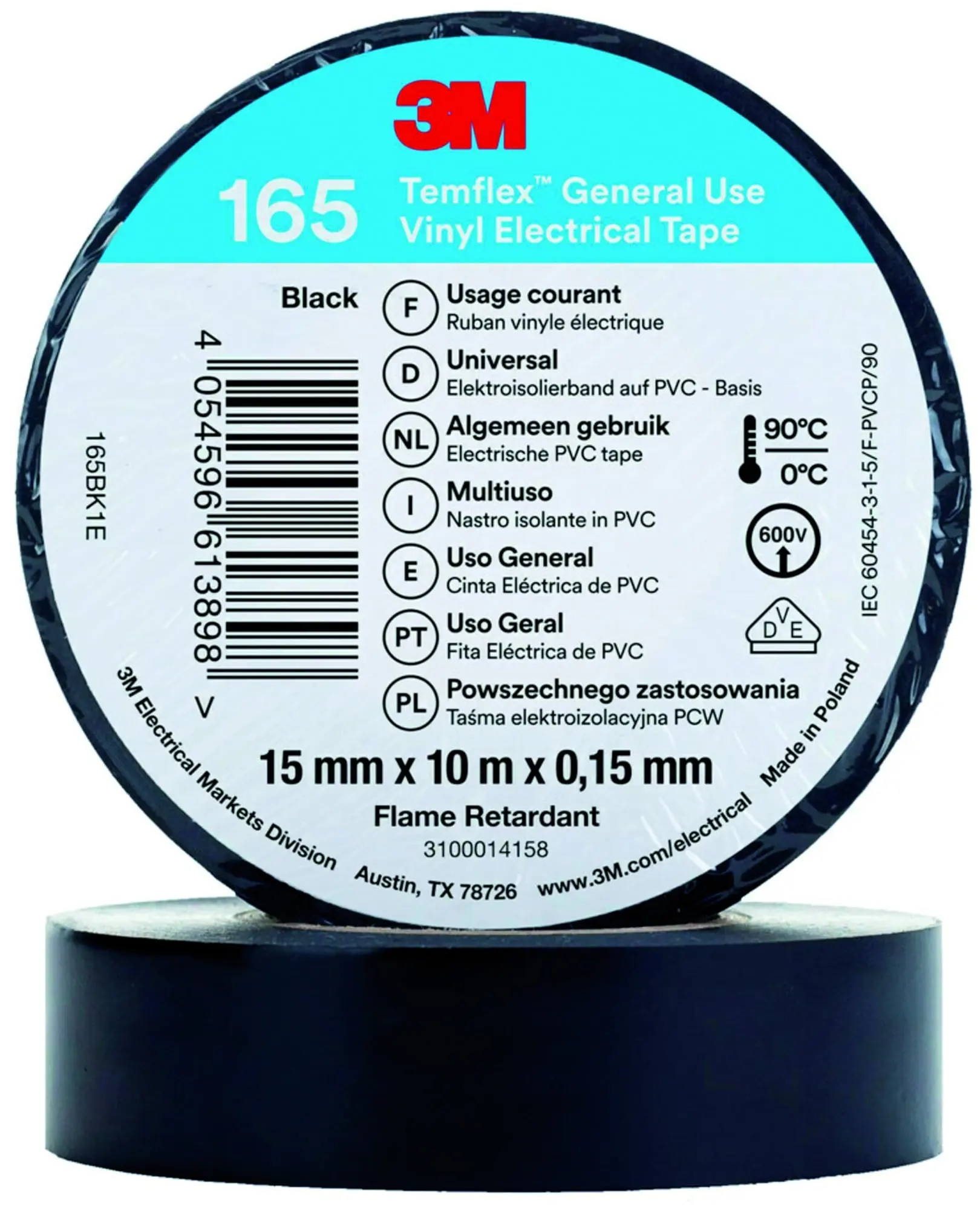 Produktfoto 1 von 3M Temflex Vinyl-Isolierband 165, Schwarz, 15mmx10m