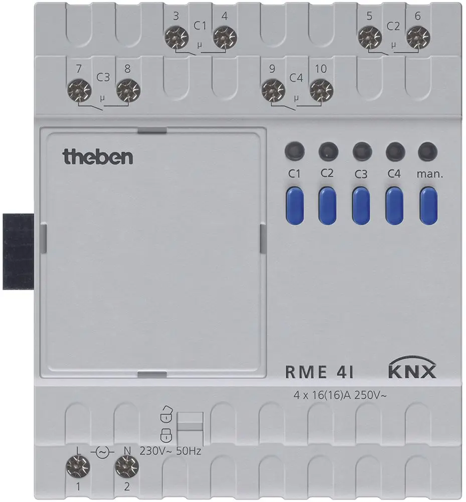 Produktfoto 1 von 4-fach Schaltaktor 16 A C-Last 200 µF, KNX TP, Data Secure, Erweiterung MIX2