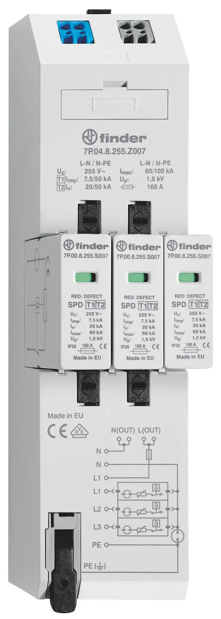 Produktfoto 1 von Kombiableiter Typ 1+2 für dreiphasige TN-S und TT Netze mit Spannungsabgriff