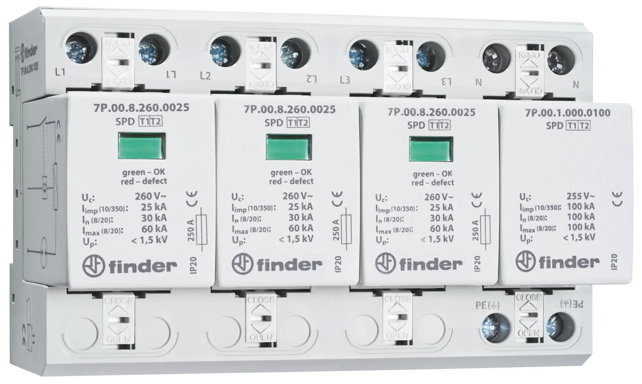 Produktfoto 1 von Überspannungsableiter Typ 1+2 Varistor u.Funkenstrecke für 3-Ph. TN-S+TT-Netze