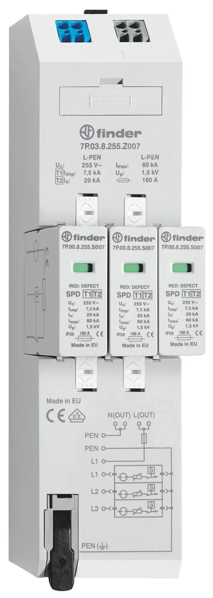 Produktfoto 1 von Kombiableiter Typ 1+2 für dreiphasige TN-C Netze mit Spannungsabgriff