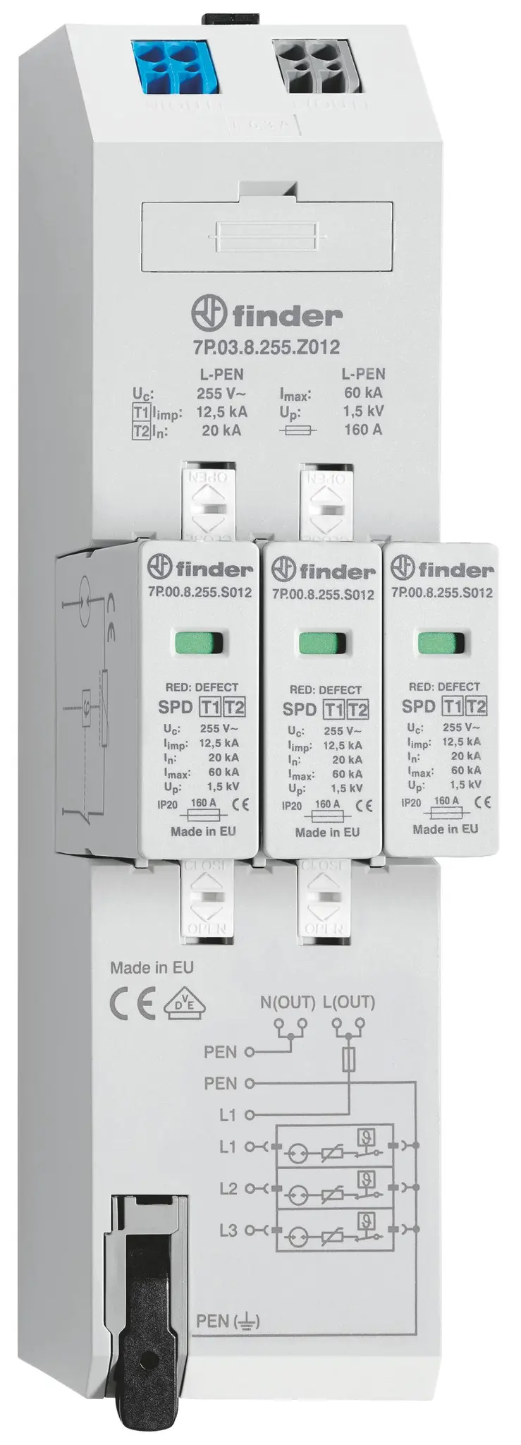 Produktfoto 1 von Kombiableiter Typ 1+2 für dreiphasige TN-C Netze mit Spannungsabgriff