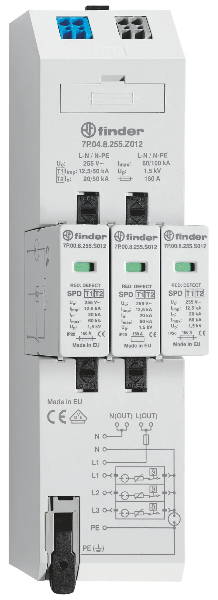 Produktfoto 1 von Kombiableiter Typ 1+2 für dreiphasige TN-S und TT Netze mit Spannungsabgriff