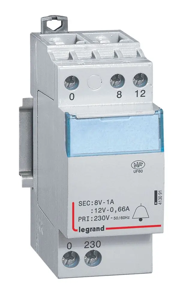 Produktfoto 1 von Klingeltransformator, Prim.230V AC, Sek.12/8V AC, Strom 0,66/1A, 8VA, 2TE
