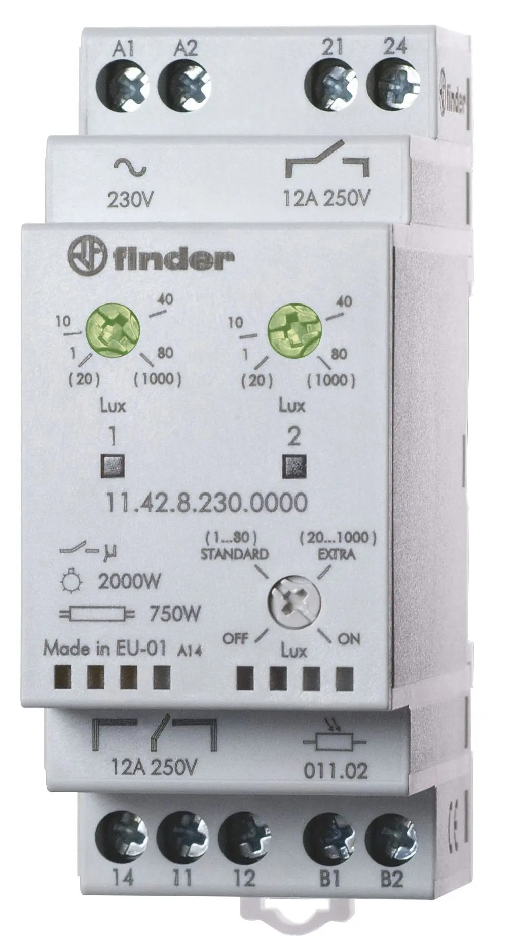 Produktfoto 1 von Dämmerungsschalter DIN-Schiene bis 1000 Lux 1We + 1S 12A für 230VAC