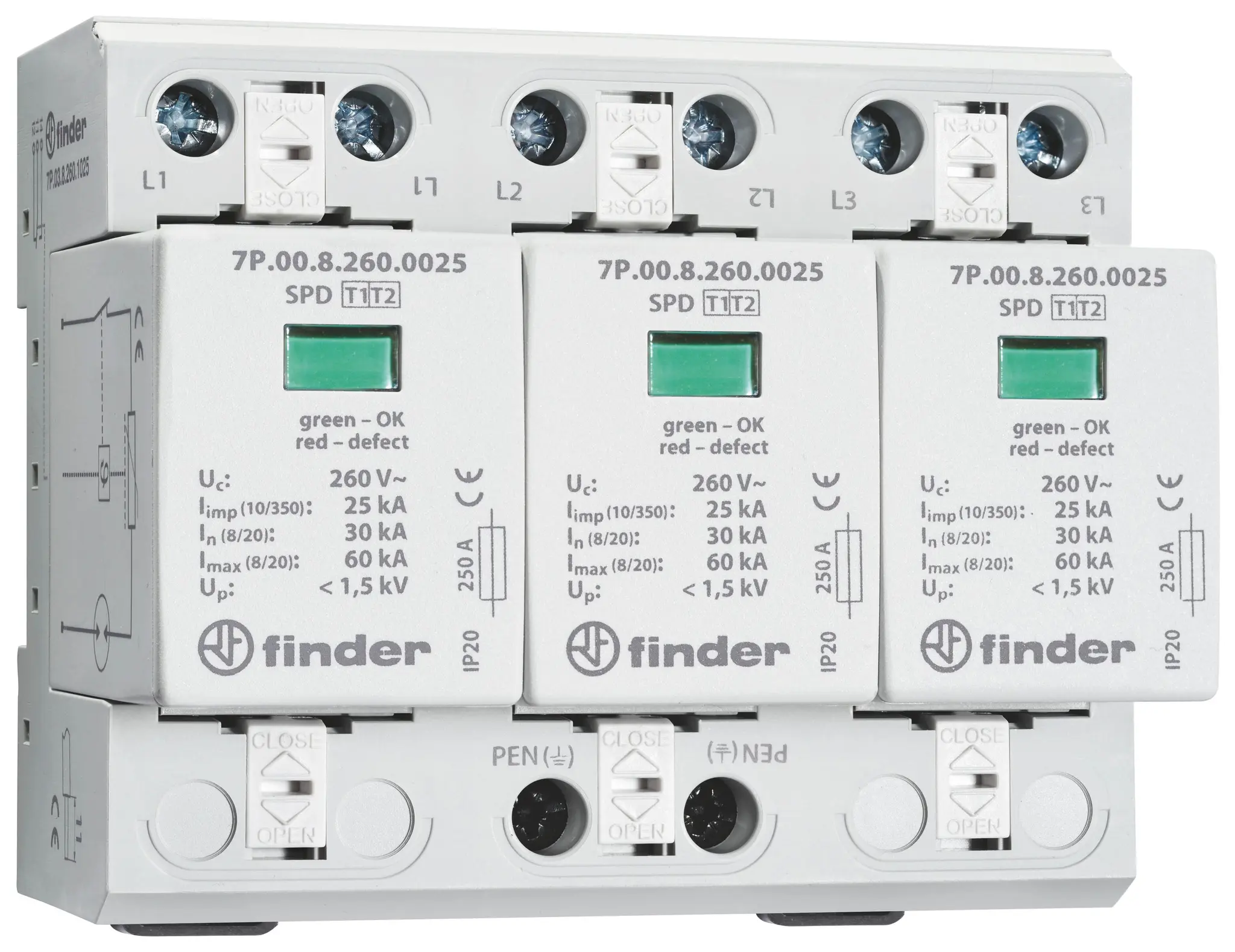 Produktfoto 1 von Überspannungsableiter Typ 1+2 Varistor u.Funkenstrecke für 3-Ph. TN-C-Netze