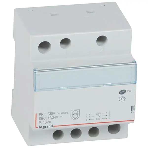 Produktfoto 1 von Sicherheitstransformator, Prim. 230V/50 Hz, Sek.12V AC oder 24V AC, 16VA, 4TE
